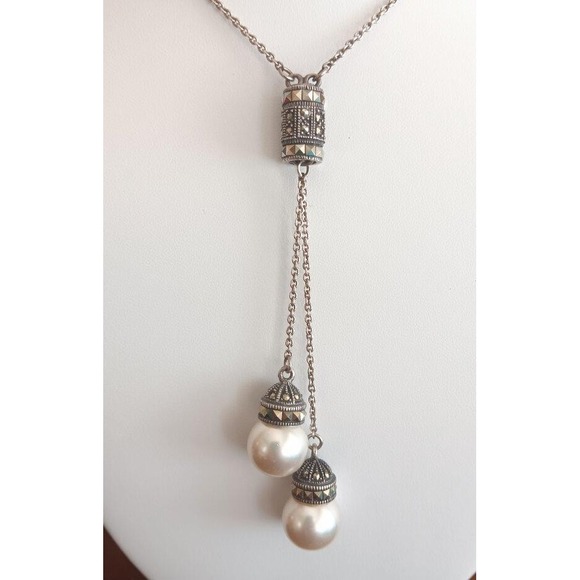Vintage Sterling Silver Lariat Necklace Faux Pearl Marcasite Drop Pendant 28" - Picture 1 of 7